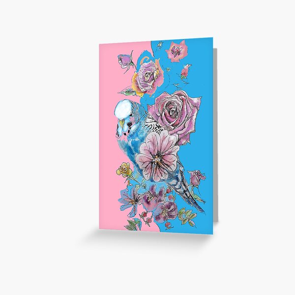Item preview, Blue Budgie and Rose Watercolor Painting on Blue and Pink designed and sold by Sarah  Rajkotwala.