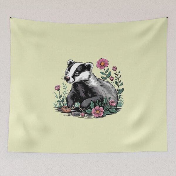 Item preview, Floral Badger Vintage Woodland Wildlife Art designed and sold by BirdsnStuff.