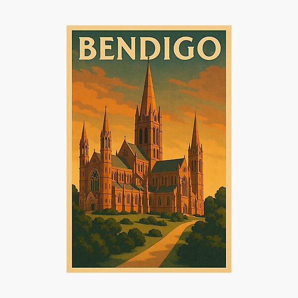 Item preview, Bendigo – Sacred Heart Cathedral Vintage Travel Poster designed and sold by Print My Town.