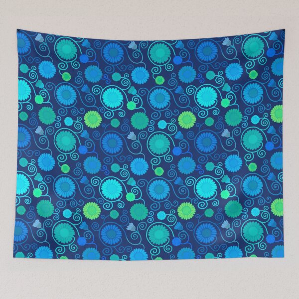 Item preview, Blue and green flowers and spirals on navy designed and sold by QuirkyCraftz.