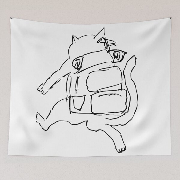 Item preview, Wandering Cat with his backpack running towards new adventures (black on white) designed and sold by Dina Akselrod.