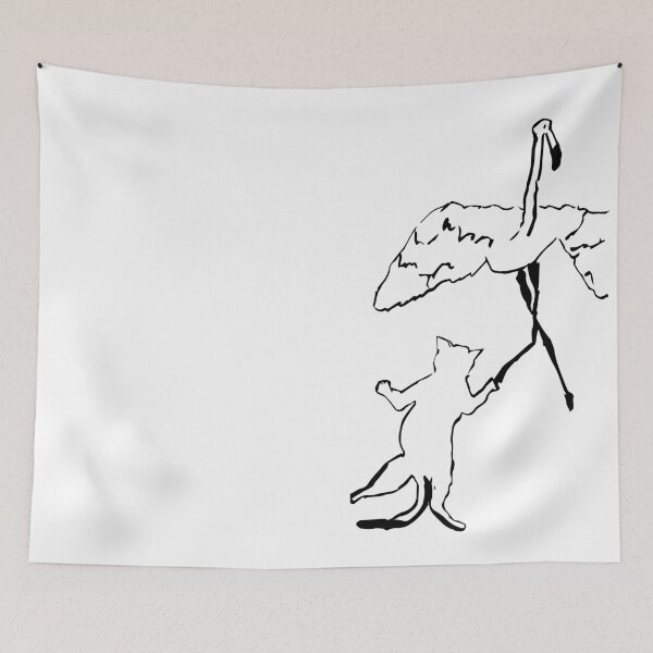 Item preview, Wandering Cat dancing with Flamingo (black on white) designed and sold by Dina Akselrod.