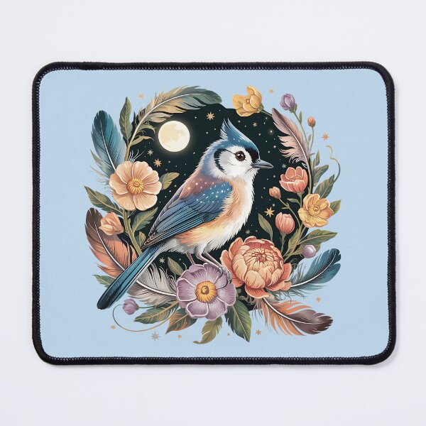 Item preview, Ethereal Tufted Titmouse with Moonlit Florals 2 designed and sold by BirdsnStuff.