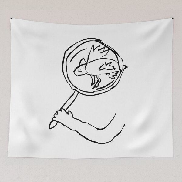 Item preview, Wandering Cat looking at a strange creature through a magnifying glass (black on white) designed and sold by Dina Akselrod.
