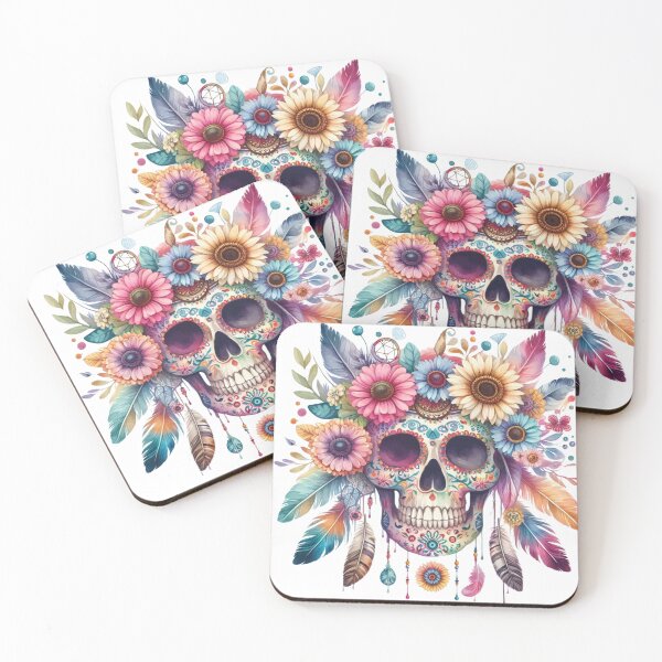 Item preview, Sugar Skull with Boho Flowers| Colorful Day of the Dead Wall Art | Mexican Folk Decor designed and sold by TeetasticBtque.
