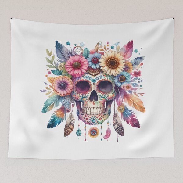 Item preview, Sugar Skull with Boho Flowers| Colorful Day of the Dead Wall Art | Mexican Folk Decor designed and sold by TeetasticBtque.