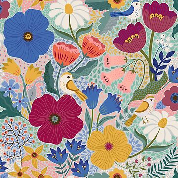Artwork thumbnail, Maxi Summer Floral with birds - plum and blue - cute pattern by Cecca Designs by Cecca-Designs