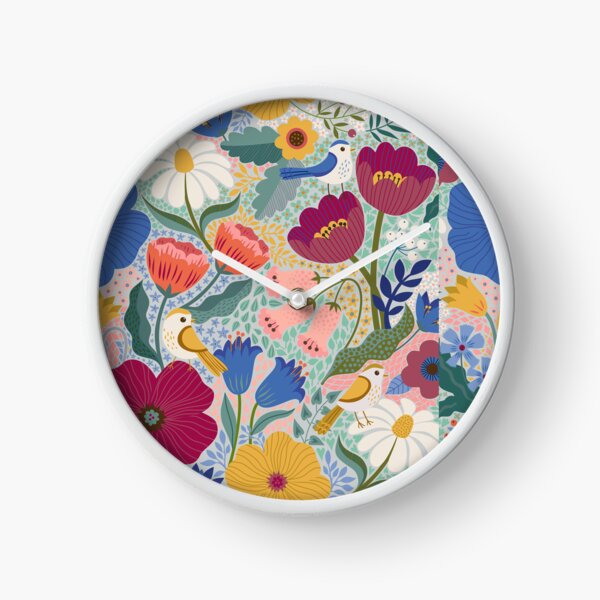 Maxi Summer Floral with birds - plum and blue - cute pattern by Cecca Designs Clock
