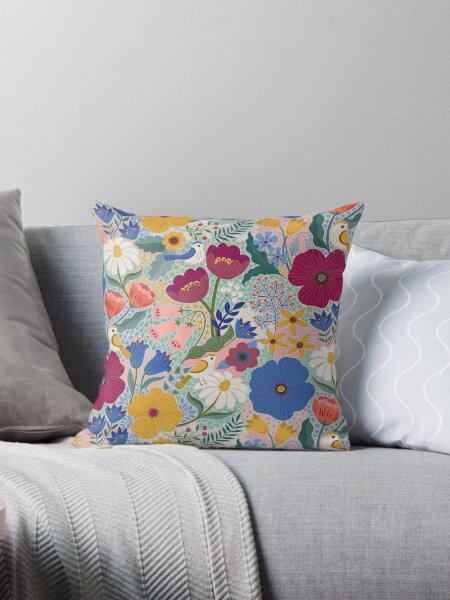 Maxi Summer Floral with birds - plum and blue - cute pattern by Cecca Designs Throw Pillow