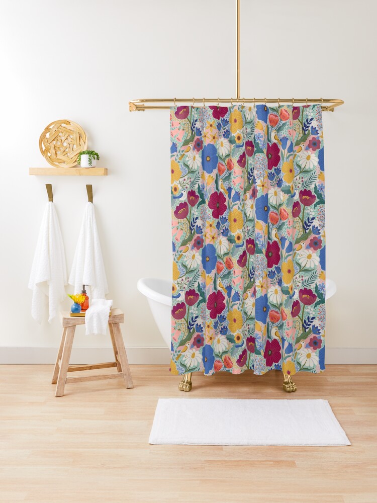 Thumbnail 1 of 5, Shower Curtain, Maxi Summer Floral with birds - plum and blue - cute pattern by Cecca Designs designed and sold by Cecca-Designs.