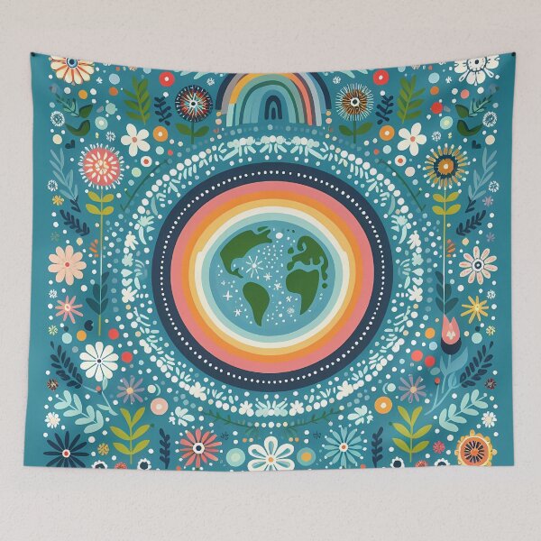 Item preview, Scandinavian Folk Art Earth – Teal & Rainbow Floral Nature Design by heidiannemorris designed and sold by FOLK ART FUSION by heidiannemorris.