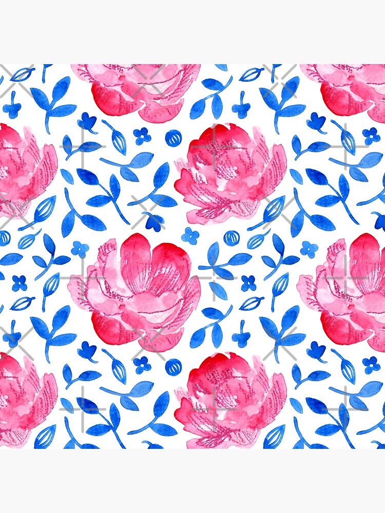 Thumbnail 4 of 4, Pillow, Pink double tulips watercolour - blue and white pattern by Cecca Designs designed and sold by Cecca-Designs.