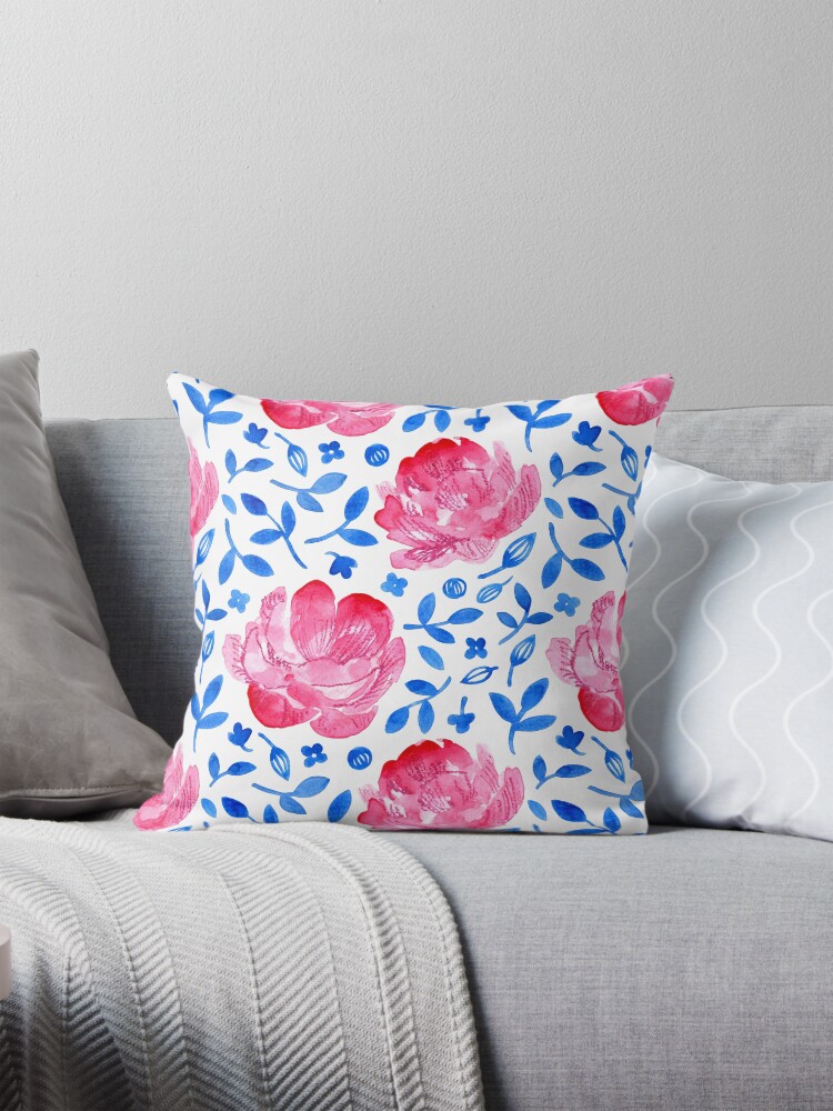 Thumbnail 1 of 4, Pillow, Pink double tulips watercolour - blue and white pattern by Cecca Designs designed and sold by Cecca-Designs.