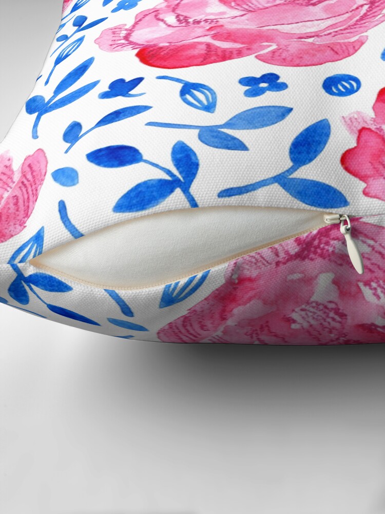 Thumbnail 2 of 4, Pillow, Pink double tulips watercolour - blue and white pattern by Cecca Designs designed and sold by Cecca-Designs.