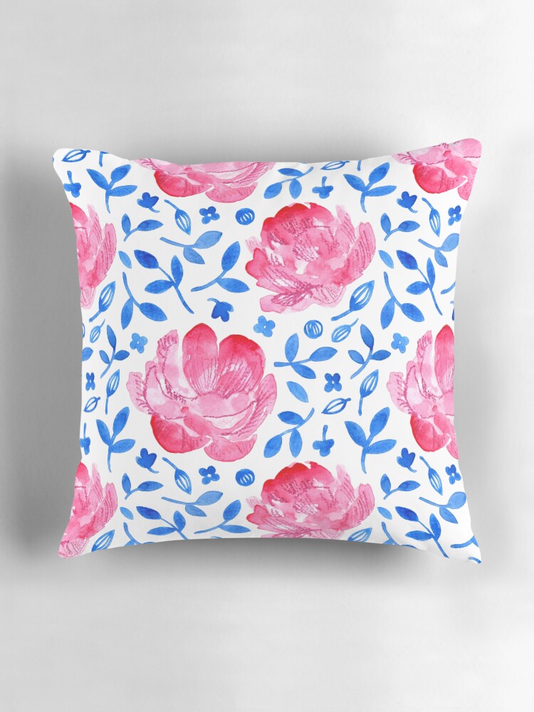 Thumbnail 3 of 4, Pillow, Pink double tulips watercolour - blue and white pattern by Cecca Designs designed and sold by Cecca-Designs.