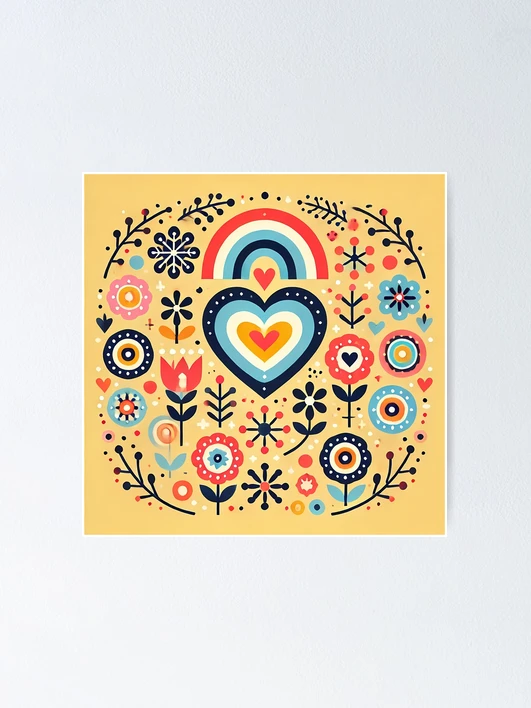Scandinavian Folk Art Heart & Flowers – Blue, Red & Gold Retro