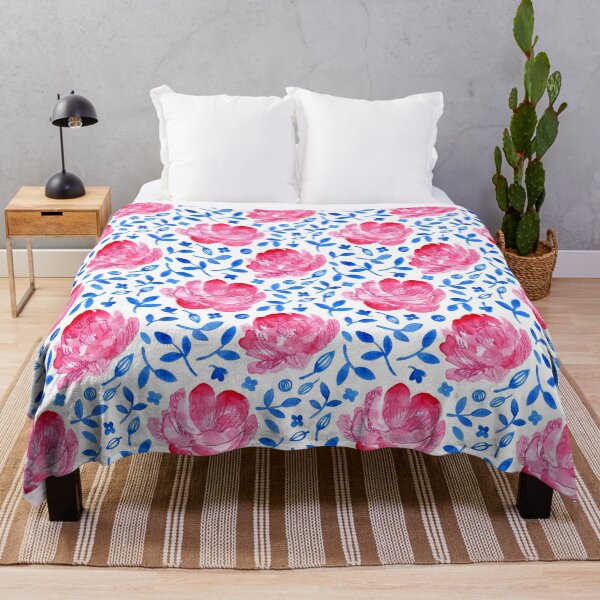 Item preview, Pink double tulips watercolour - blue and white pattern by Cecca Designs designed and sold by Cecca-Designs.
