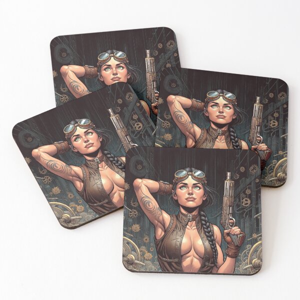 Item preview,  Steampunk Girl with wrench wearing a leather vest on a detailed industrial background designed and sold by Vintage Designs +.