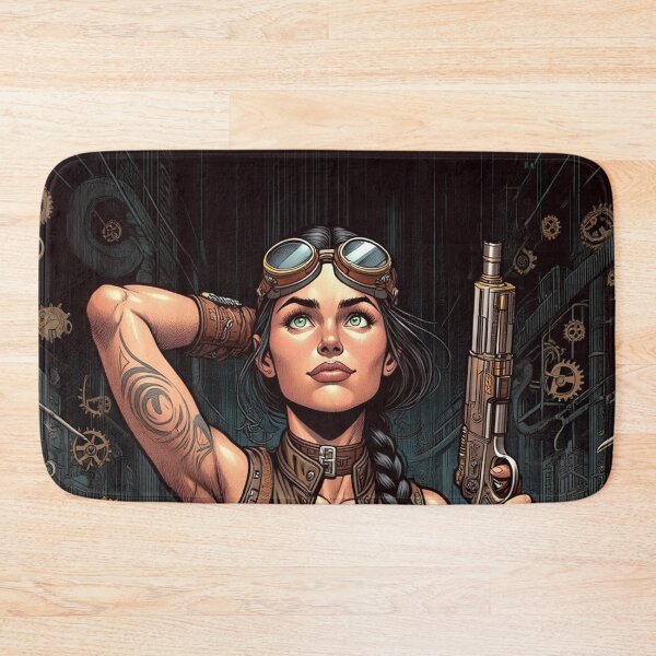 Item preview,  Steampunk Girl with wrench wearing a leather vest on a detailed industrial background designed and sold by Vintage Designs +.