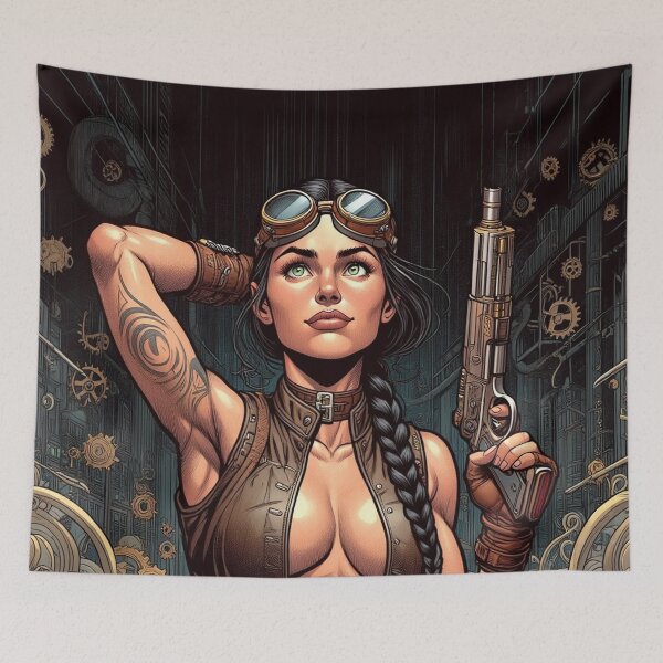 Item preview,  Steampunk Girl with wrench wearing a leather vest on a detailed industrial background designed and sold by Vintage Designs +.