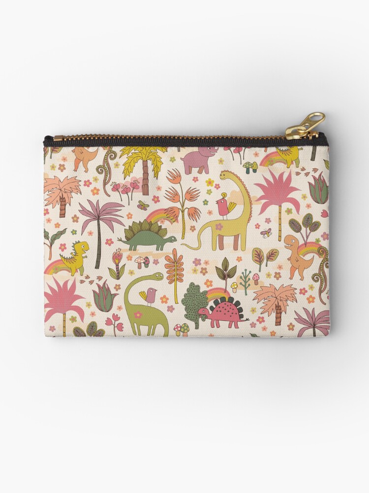 Thumbnail 1 of 4, Zipper Pouch, Retro dinosaur jungle - cute peach and sage pattern by Cecca Designs designed and sold by Cecca-Designs.