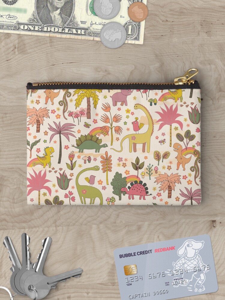 Thumbnail 3 of 4, Zipper Pouch, Retro dinosaur jungle - cute peach and sage pattern by Cecca Designs designed and sold by Cecca-Designs.