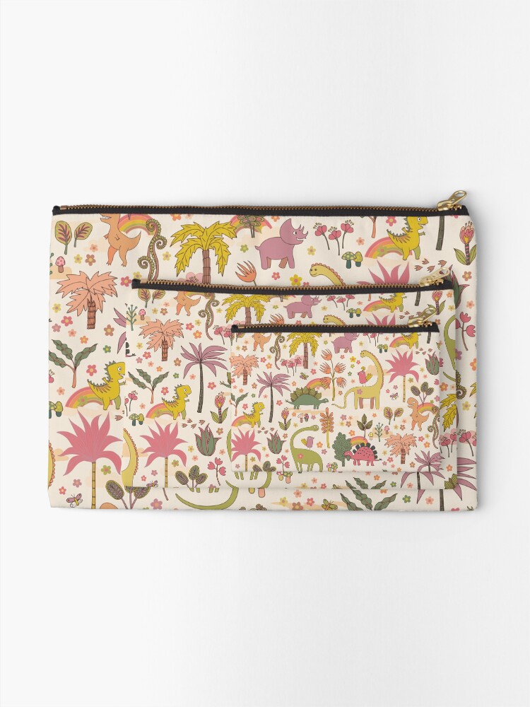 Thumbnail 2 of 4, Zipper Pouch, Retro dinosaur jungle - cute peach and sage pattern by Cecca Designs designed and sold by Cecca-Designs.