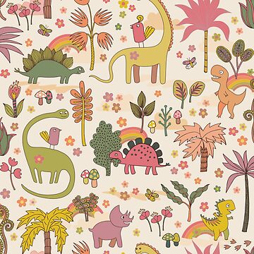 Artwork thumbnail, Retro dinosaur jungle - cute peach and sage pattern by Cecca Designs by Cecca-Designs
