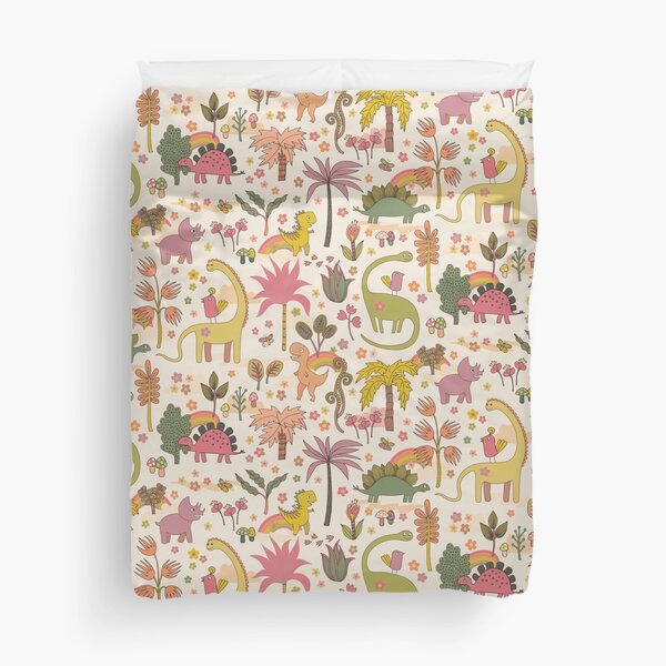 Retro dinosaur jungle - cute peach and sage pattern by Cecca Designs Duvet Cover