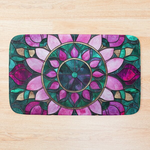 Item preview, Stained Glass Magenta & Jade Floral Leaves Mandala Pattern designed and sold by GrinGalore.