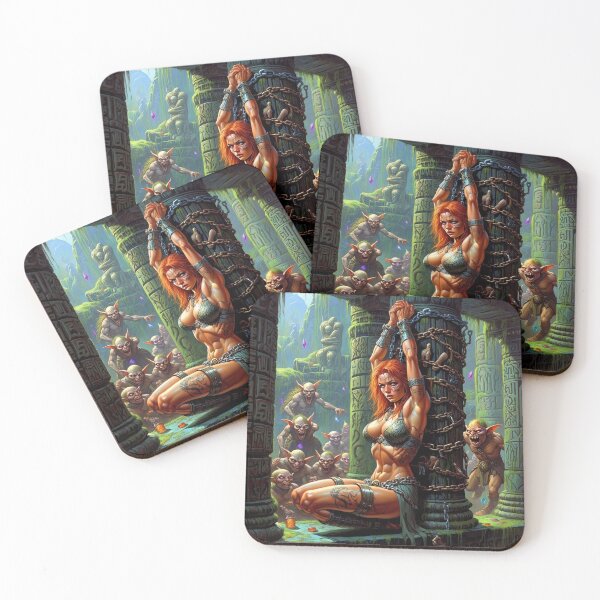 Item preview, Fantasy RPG artwork Red Haired Warrior woman chained against a pillar designed and sold by Vintage Designs +.