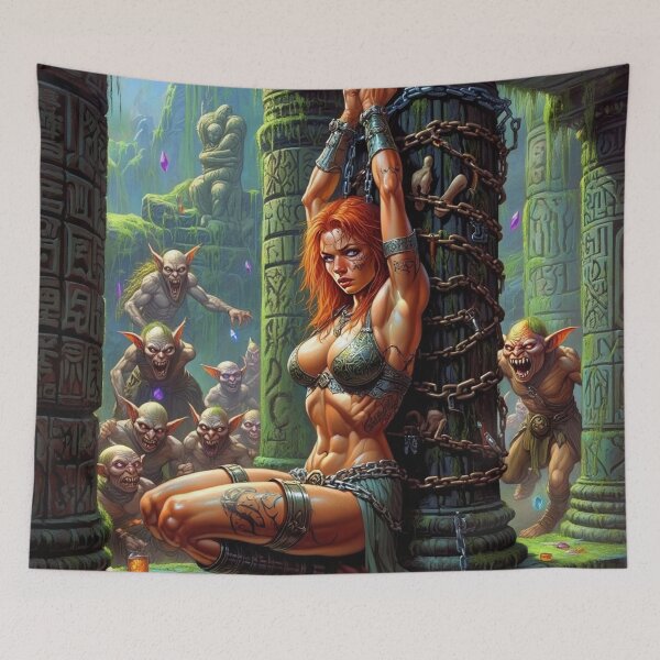 Item preview, Fantasy RPG artwork Red Haired Warrior woman chained against a pillar designed and sold by Vintage Designs +.