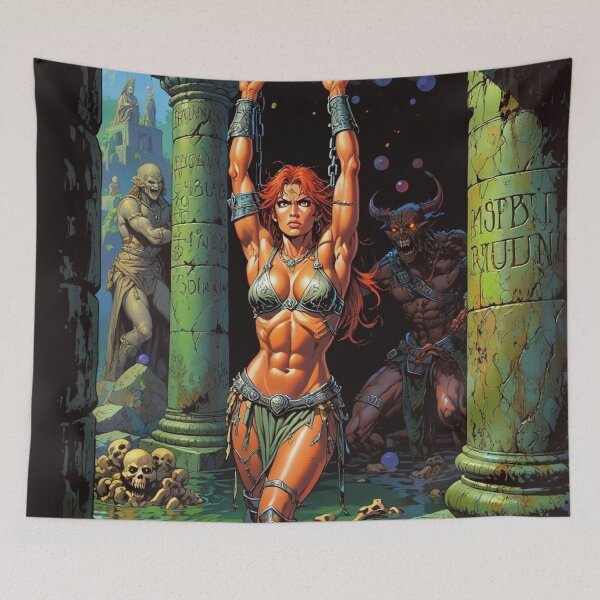 Item preview, Fantasy RPG artwork Red Haired Warrior woman chained against a pillar designed and sold by Vintage Designs +.