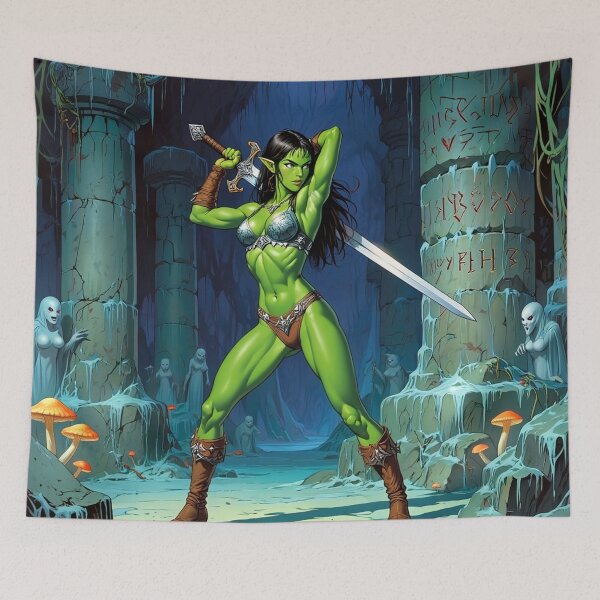Item preview, Female Orc Warrior woman with sword Fantasy RPG Vintage illustration artwork designed and sold by Vintage Designs +.
