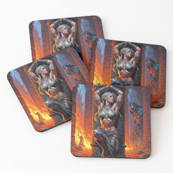 Item preview, Fantasy RPG artwork Blonde Haired Warrior woman chained against a pillar designed and sold by Vintage Designs +.