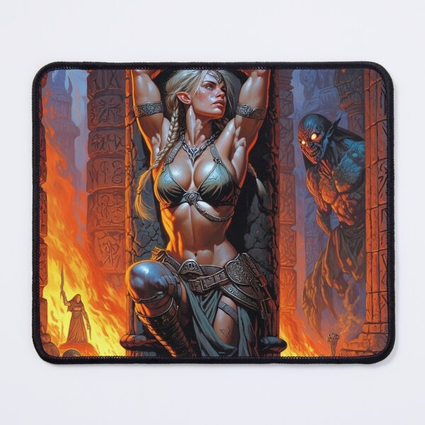 Item preview, Fantasy RPG artwork Blonde Haired Warrior woman chained against a pillar designed and sold by Vintage Designs +.