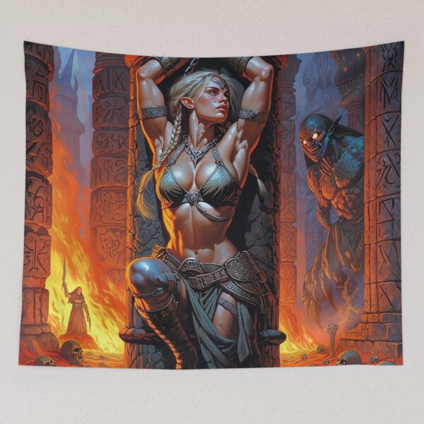 Item preview, Fantasy RPG artwork Blonde Haired Warrior woman chained against a pillar designed and sold by Vintage Designs +.
