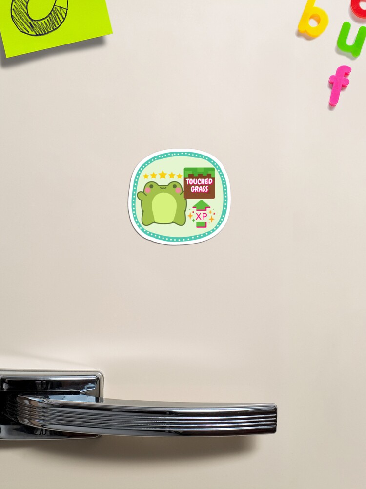 Thumbnail 1 of 3, Magnet, Touch Grass Frog Sticker, Minecraft Grass Block, Gaming XP, Cute Kawaii Pastel Green Decor, Funny Meme designed and sold by makaleeraeart.