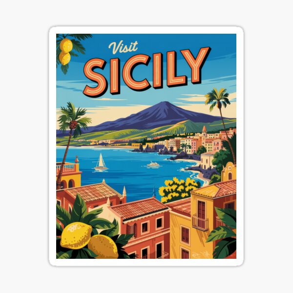 Item preview, Sicily Travel Poster – Retro Vintage Italy Coastal Art with Lemons, Volcano & Mediterranean Sea designed and sold by pod24.
