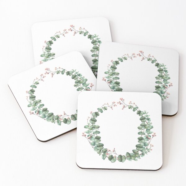 Item preview, Watercolor green eucalyptus branch and pink flowers twig. Watercolor wreath designed and sold by BartolArt.