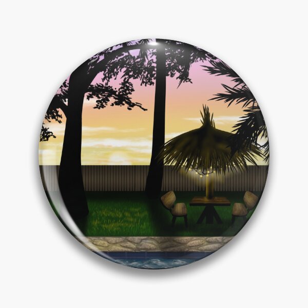Item preview, A beautiful tropical sunset, with a pool, a table with a straw cover and small lamps, and palm trees designed and sold by katecheerycake.