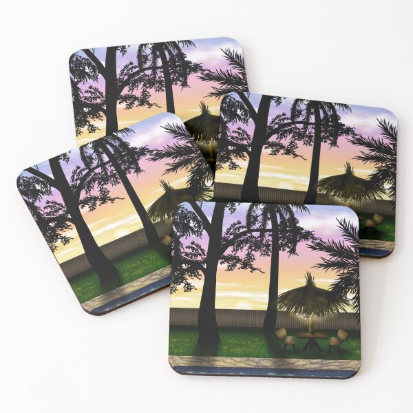 Item preview, A beautiful tropical sunset, with a pool, a table with a straw cover and small lamps, and palm trees designed and sold by katecheerycake.