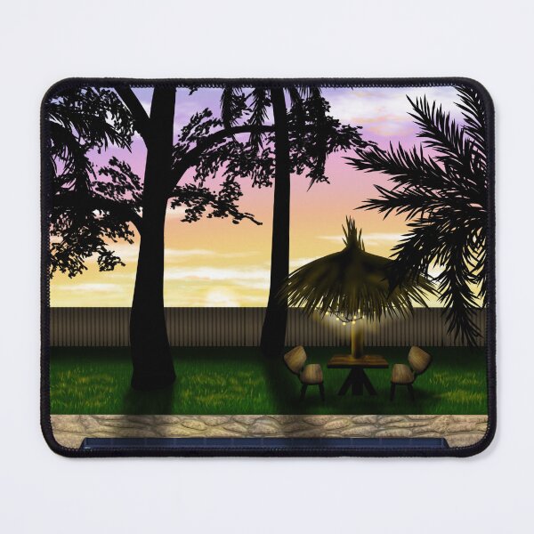 Item preview, A beautiful tropical sunset, with a pool, a table with a straw cover and small lamps, and palm trees designed and sold by katecheerycake.