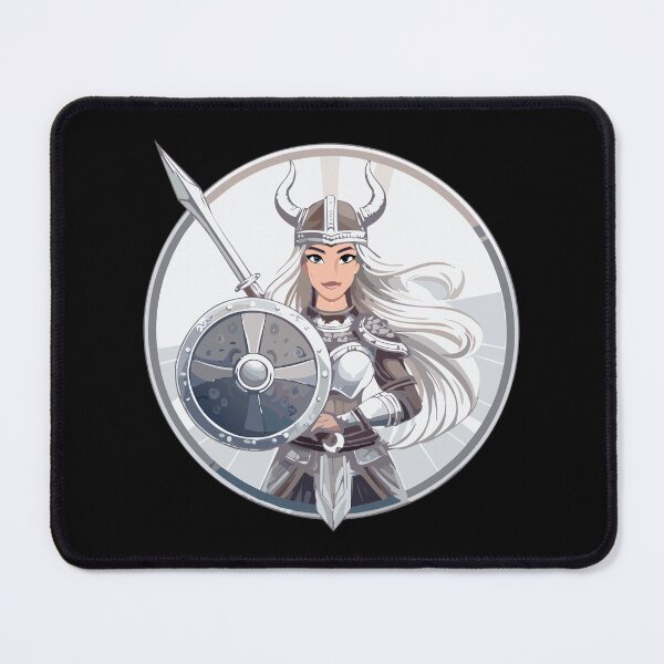 Item preview, Color portrait of a female Viking warrior in a horned helmet with a sword and shield designed and sold by Danler.