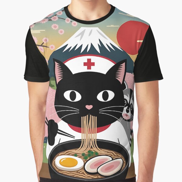 Artikel-Vorschau von Nostalgische Ramen-Nacht, Schwarze Ammenkatze, Waschbär und der Fuji, designt und verkauft von Bliss Find And Design.
