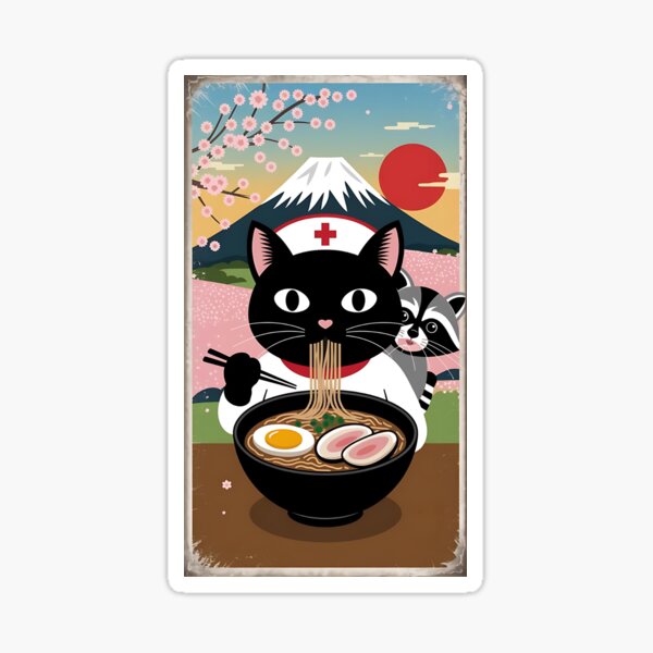Item preview, Nostalgic Ramen Night, Black Nurse Cat, Raccoon & Mount Fuji designed and sold by Bliss Find And Design.