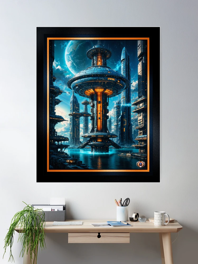 The Oblicon Tower, Visionary Futuristic Cityscape Masterpiece Astonishing AI Concept Art by Xzendor7 Wall Decor Poster Art Print
