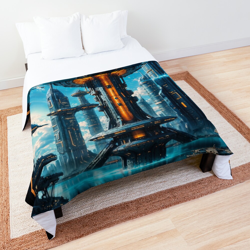 The Oblicon Tower, Visionary Futuristic Cityscape Masterpiece Astonishing AI Concept Art by Xzendor7 Decorative Art Print Comforter