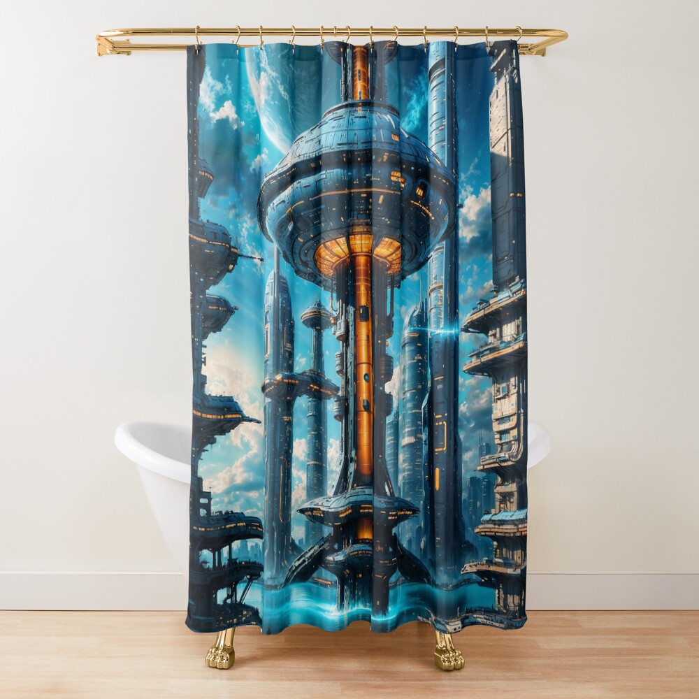 The Oblicon Tower, Visionary Futuristic Cityscape Masterpiece Astonishing AI Concept Art by Xzendor7 Decorative Art Print Shower Curtain
