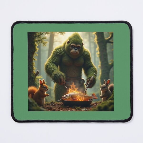Item preview, Sasquatch frying a big fish for his forest friends designed and sold by seahorse crossing.